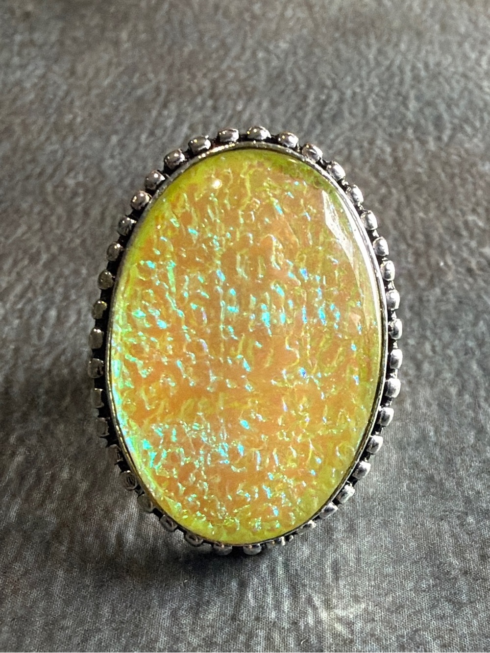 Vintage Style Bohemian Iridescent Opal Gemstone Ring Size 6 Silver 925 Plated